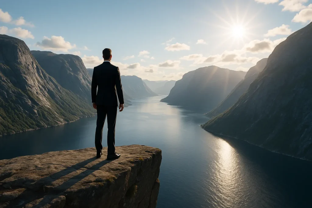 Mann steht selbstbewusst auf einem Felsen und blickt entschlossen in die Zukunft