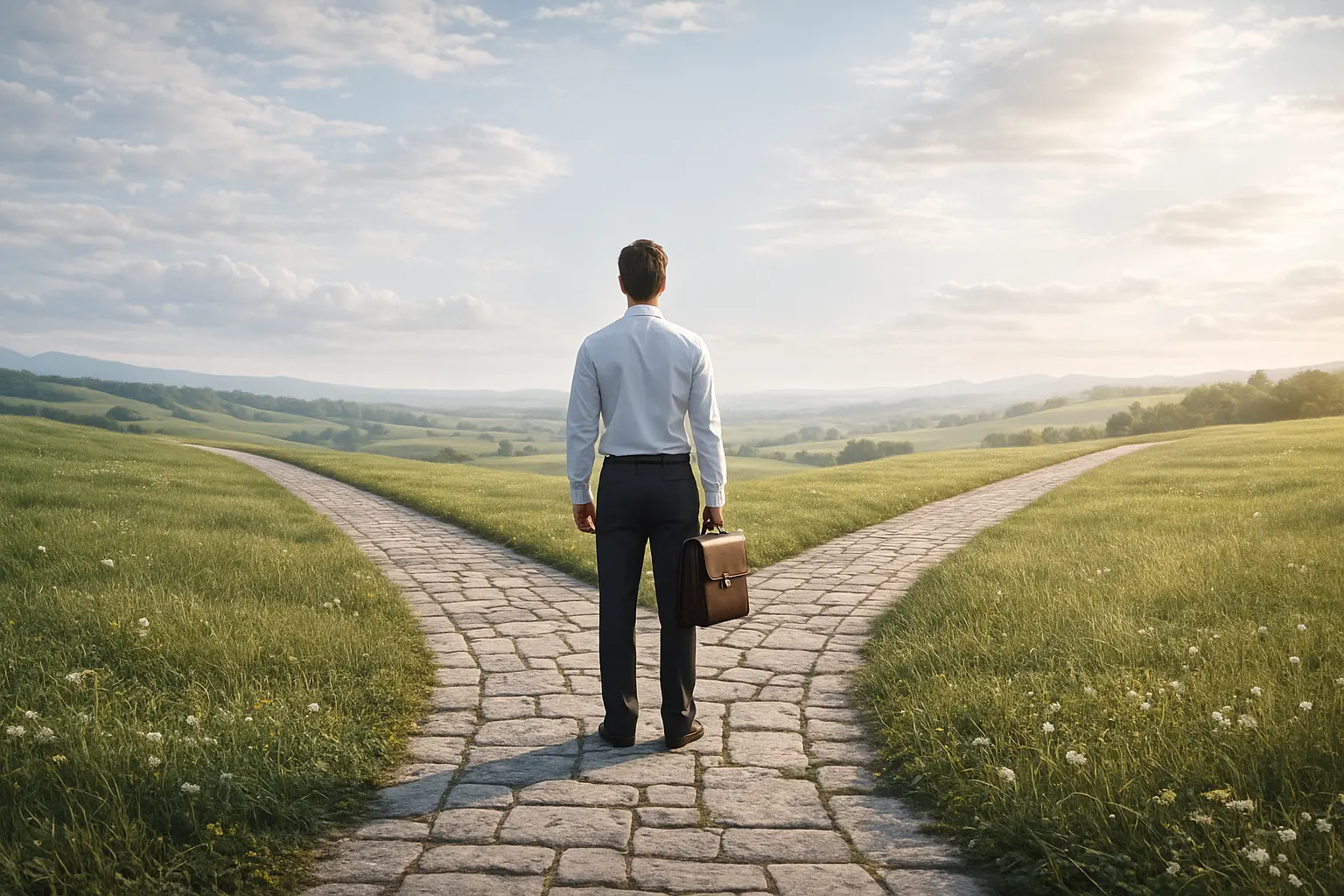 Mann an einer Weggabelung als Symbol für Mut und Veränderung