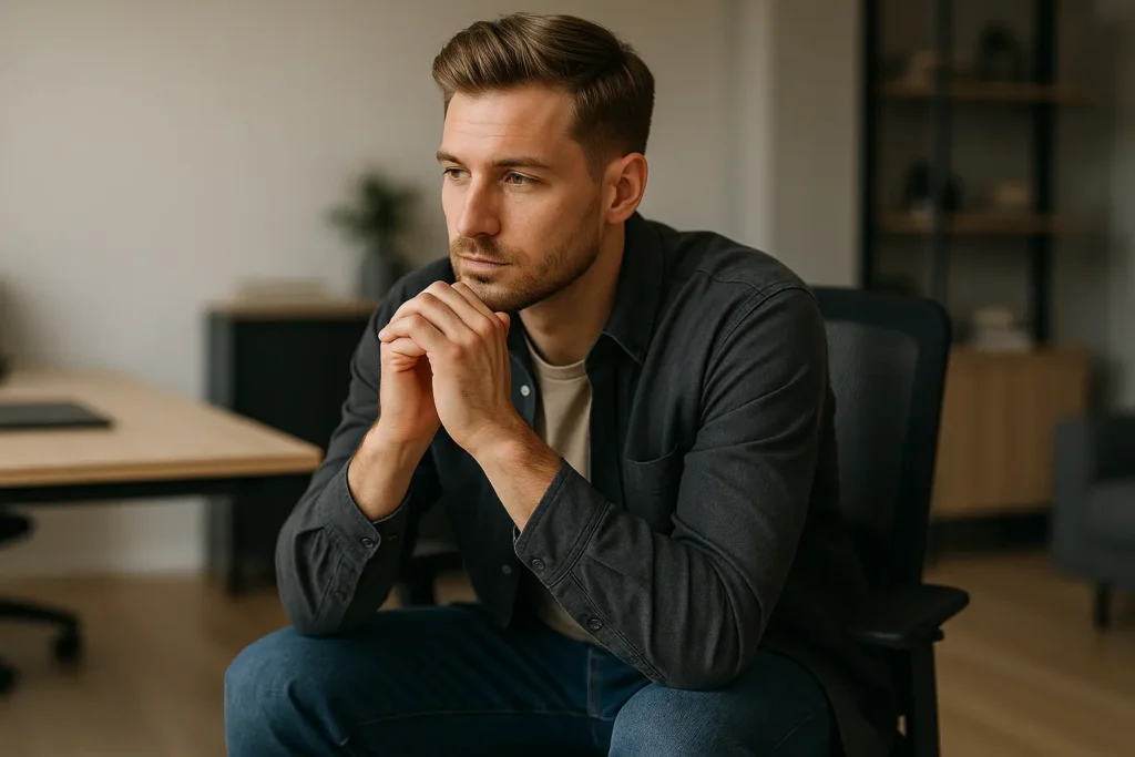 Mann reflektiert ruhig, um sein Selbstvertrauen zu stärken