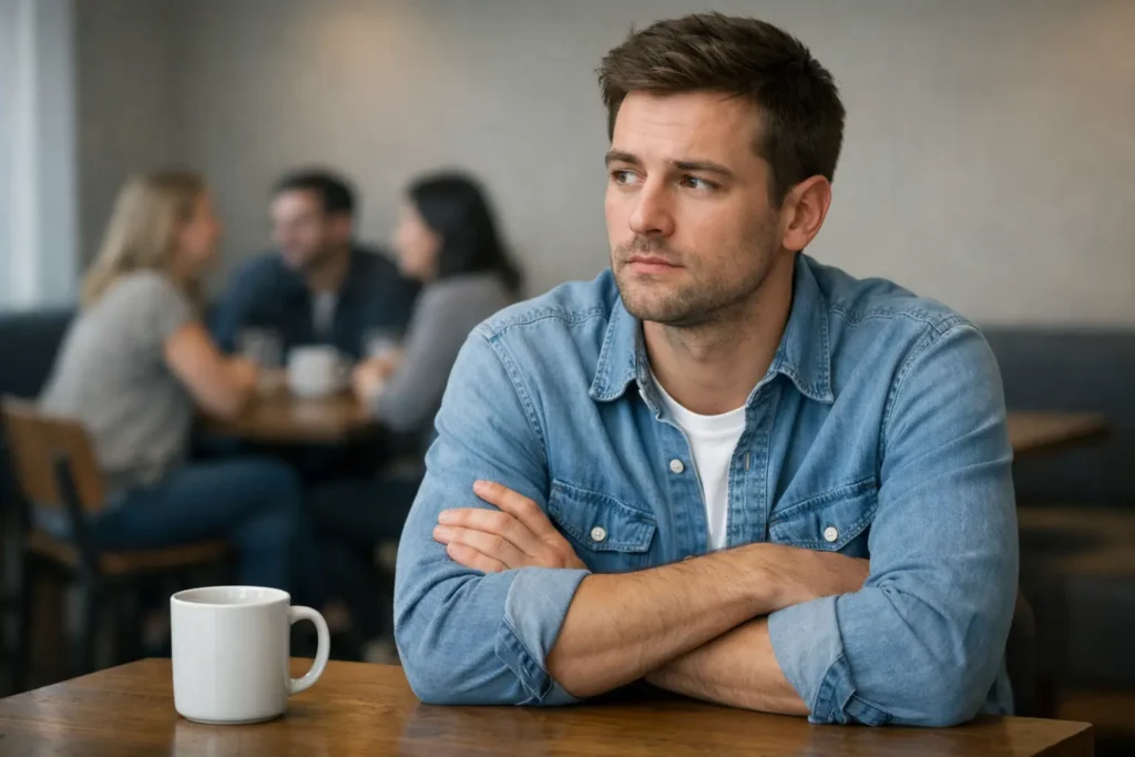 Mann sitzt nachdenklich im Café – Angst vor Ablehnung überwinden