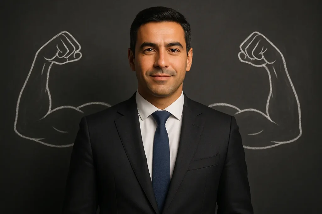 Selbstvertrauen stärken: Mann steht ruhig und selbstsicher vor symbolischer Stärke