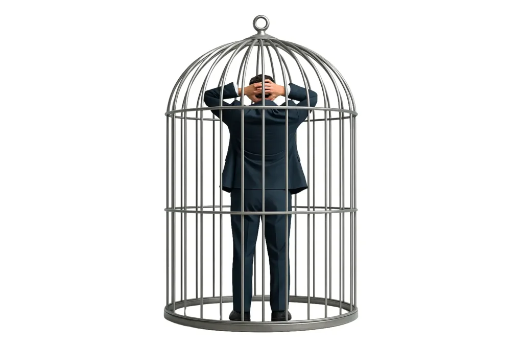 Mann steht in einem Käfig als Symbol für die Komfortzone, die persönliches Wachstum verhindert
