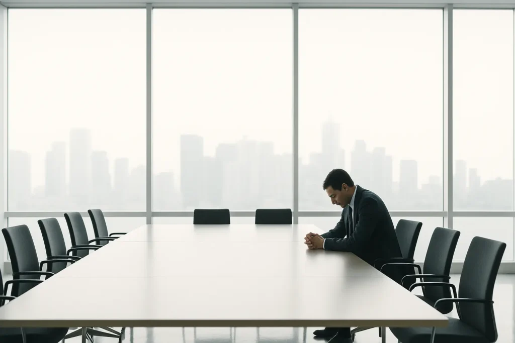 Mann sitzt nachdenklich allein im Konferenzraum und zögert, seine Komfortzone zu verlassen

