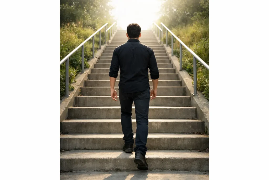 Mann geht eine Treppe nach oben, Symbol für persönliches Wachstum und das Überwinden von Angst