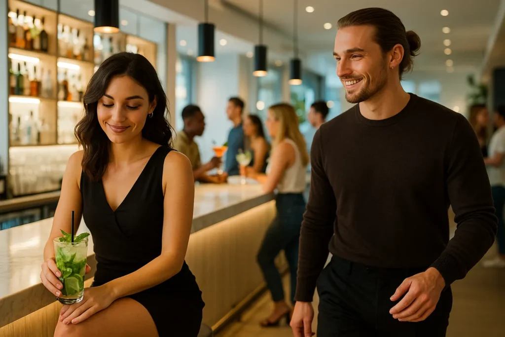 Mann und Frau stehen entspannt an einer Bar und unterhalten sich selbstbewusst