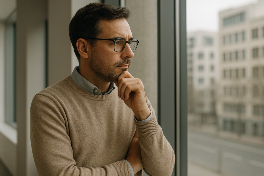 Nachdenklicher Mann blickt aus dem Fenster und überlegt, seine Komfortzone zu verlassen