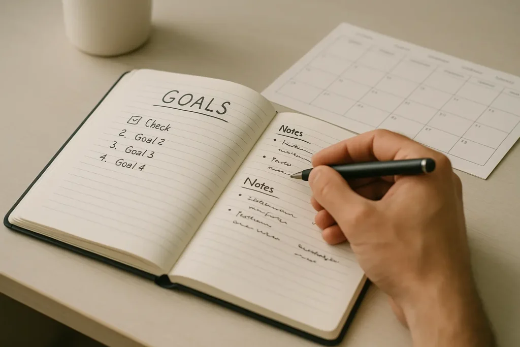 Mann schreibt persönliche Ziele in ein Notizbuch, um selbstbewusster zu werden und innere Stärke aufzubauen.