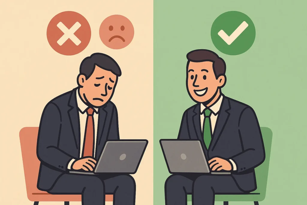 Vergleich zwischen Komfortzone und Wachstumszone – links unsicher, rechts selbstbewusst
