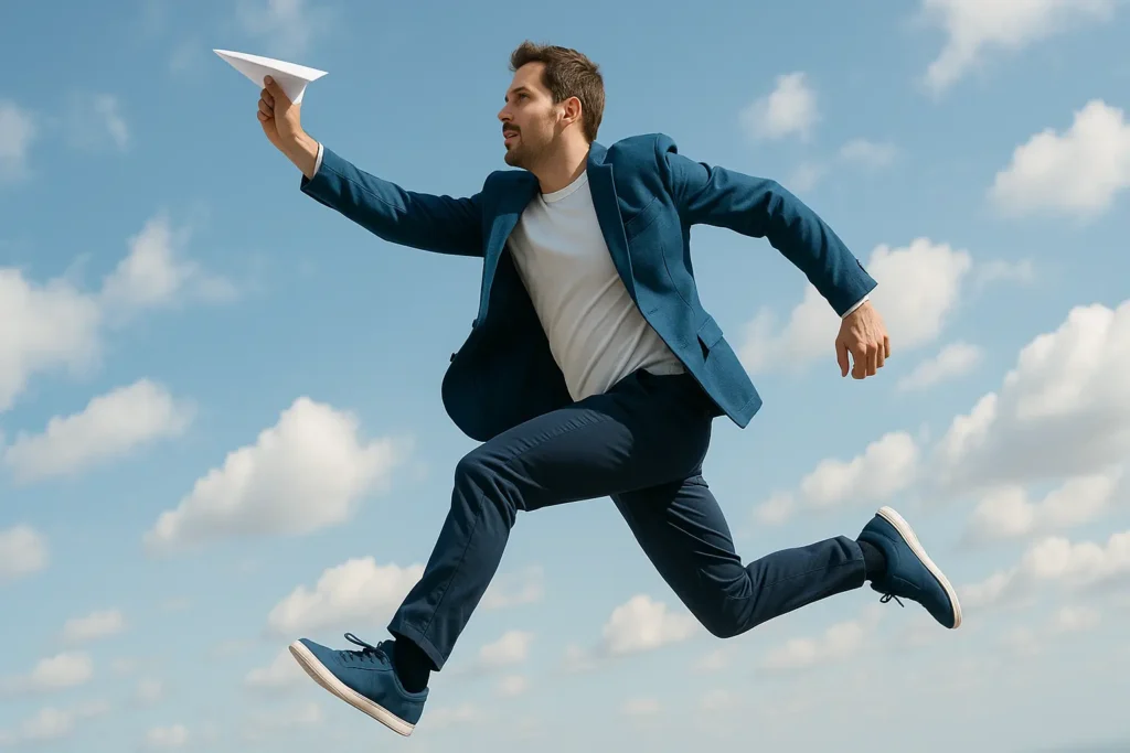 Mann springt mutig nach vorne und verlässt symbolisch seine Komfortzone
