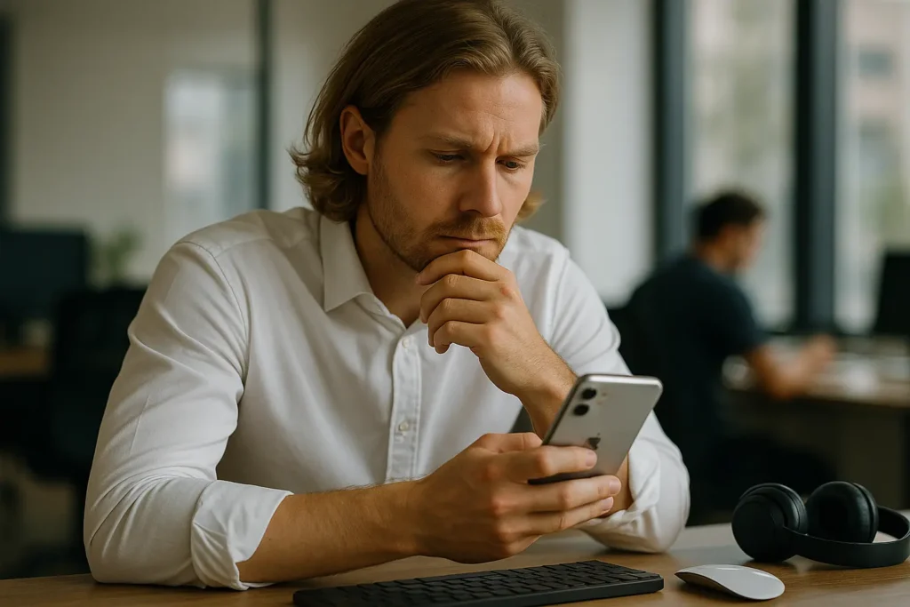 Mann denkt nach und vergleicht sich auf Social Media, statt selbstbewusster zu werden