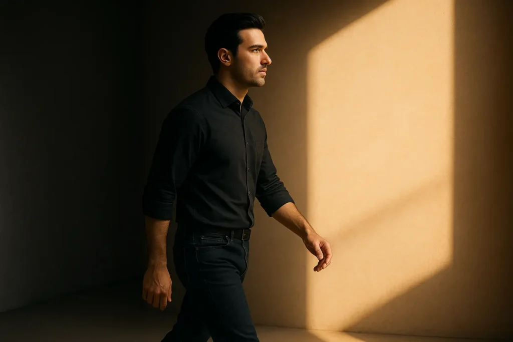 Selbstbewusster Mann geht ruhig und fokussiert nach vorn und strahlt innere Stärke aus