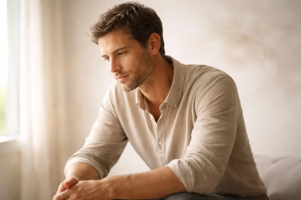 Mann sitzt nachdenklich da und reflektiert, wie er Angst vor Ablehnung überwinden kann
