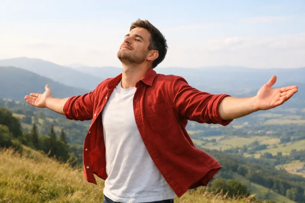 Mann erlebt emotionale Freiheit und überwindet Angst vor Ablehnung in der Natur