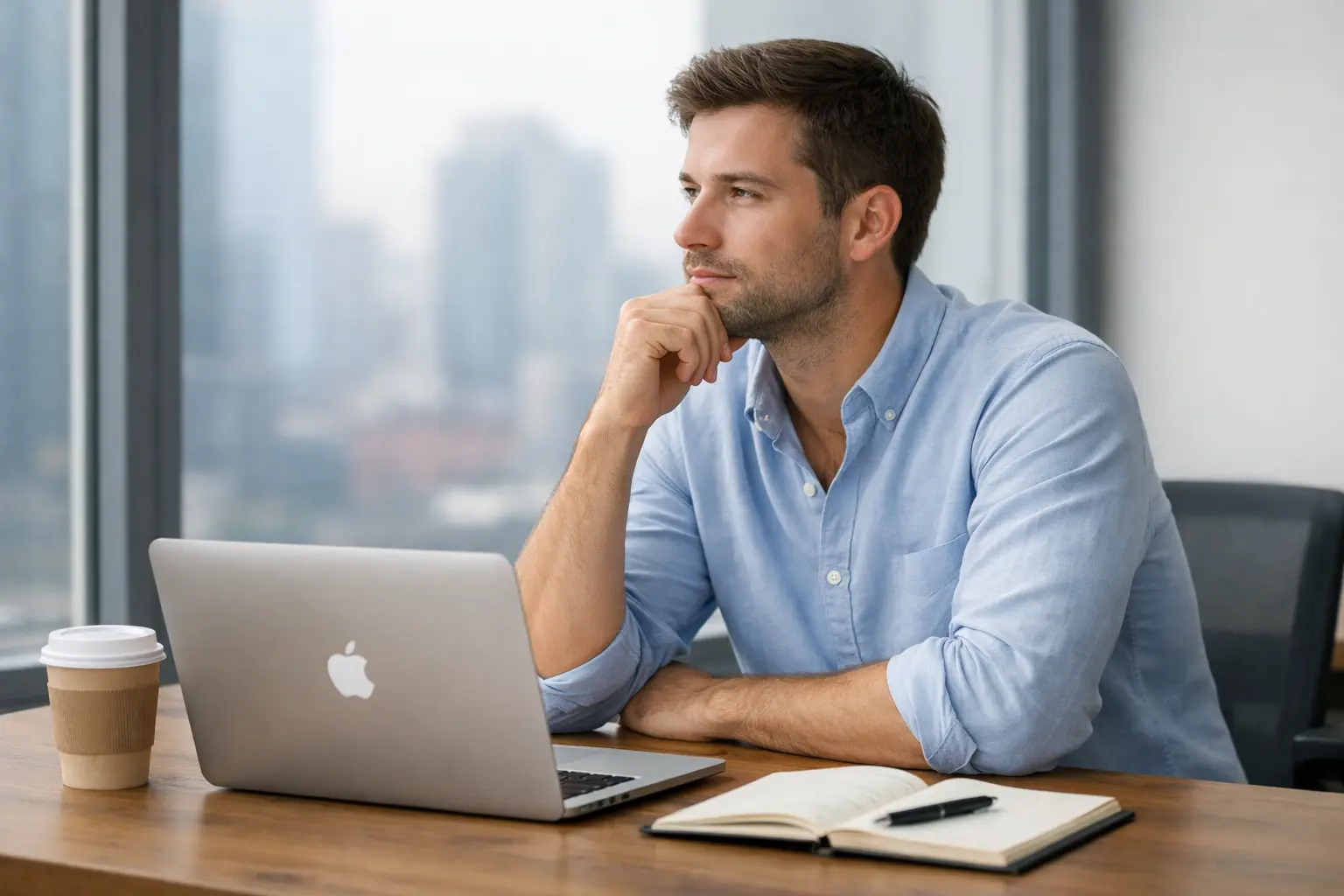 Mann arbeitet am Laptop – Symbol für das Verlassen der Komfortzone im Job