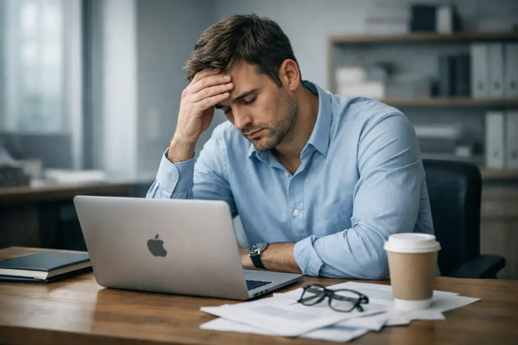 Mann im Büro zweifelt an sich – typische Situation, wenn man die Komfortzone verlassen im Job will, aber von Unsicherheit blockiert wird
