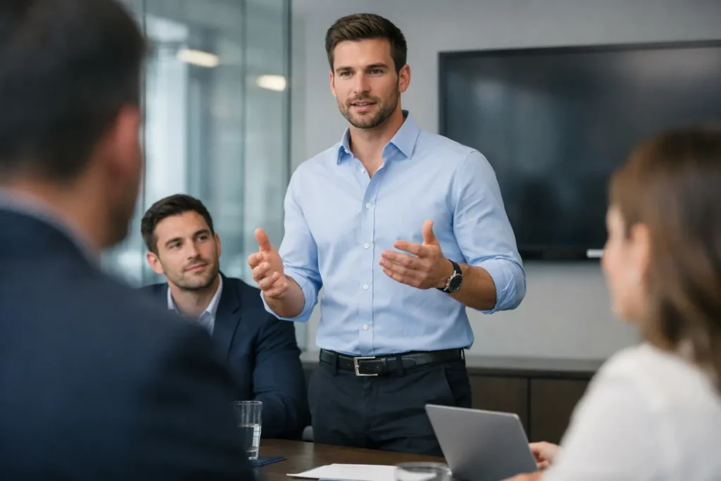 Mann spricht selbstbewusst im Meeting – Beispiel dafür, wie man die Komfortzone verlassen im Job kann und sich durchsetzt