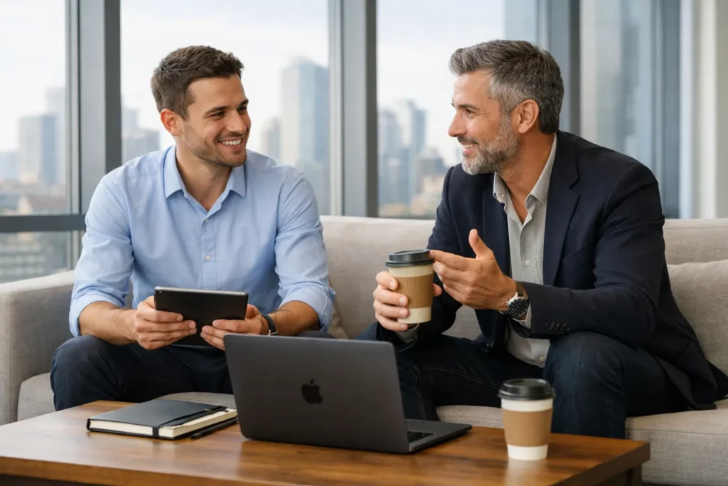 Mentorengespräch im Büro – Unterstützung dabei, die Komfortzone verlassen im Job zu können und selbstbewusster zu handeln