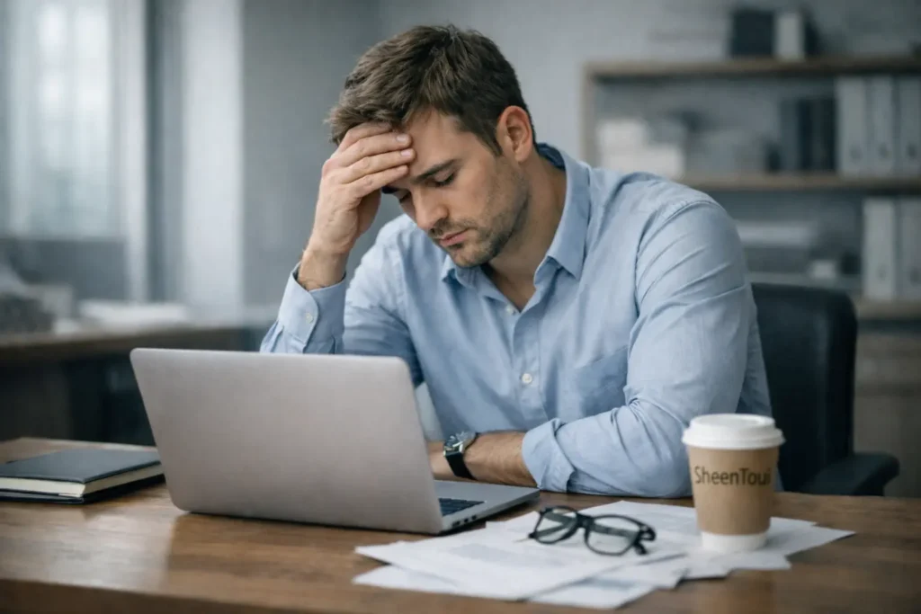 Komfortzone verlassen im Job: So setzt du dich durch und wirst endlich ernst genommen 2 Mann im Büro zweifelt an sich – typische Situation, wenn man die Komfortzone verlassen im Job will, aber von Unsicherheit blockiert wird