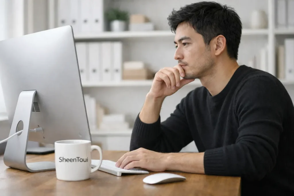 Startseite 11 Mut und Finanzen – junger Mann plant konzentriert seine finanzielle Zukunft am Laptop