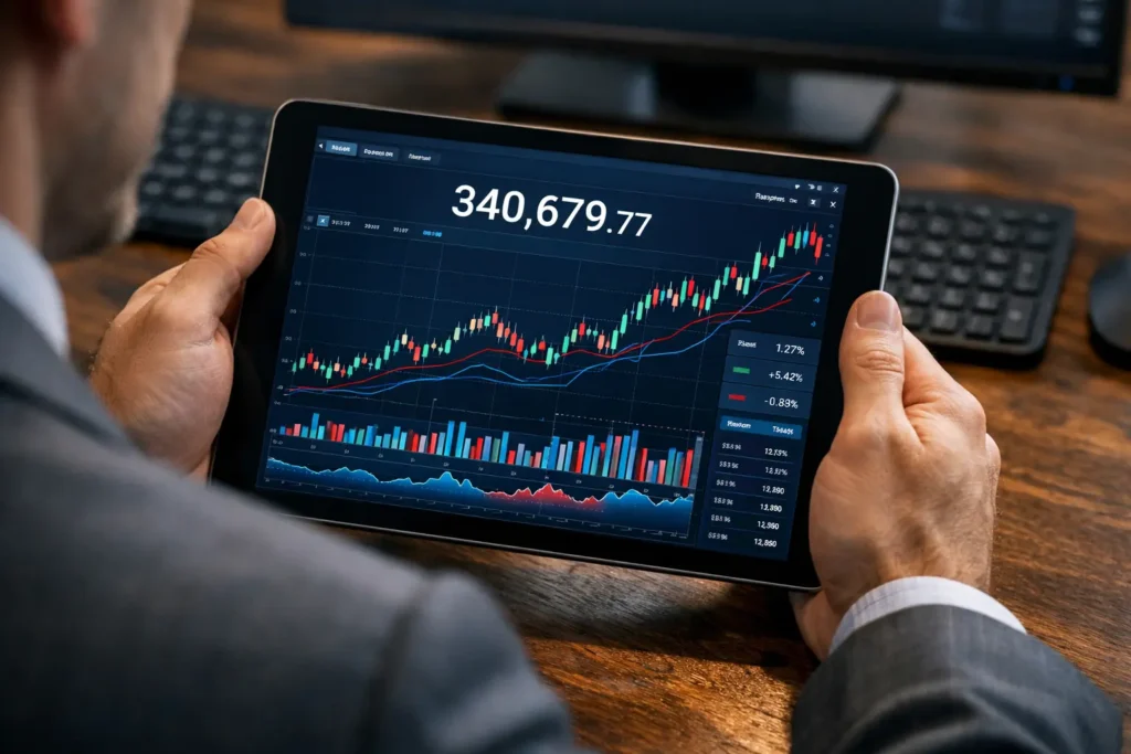 Mut und Finanzen – junger Mann analysiert Aktienchart und trifft kluge Investmententscheidungen