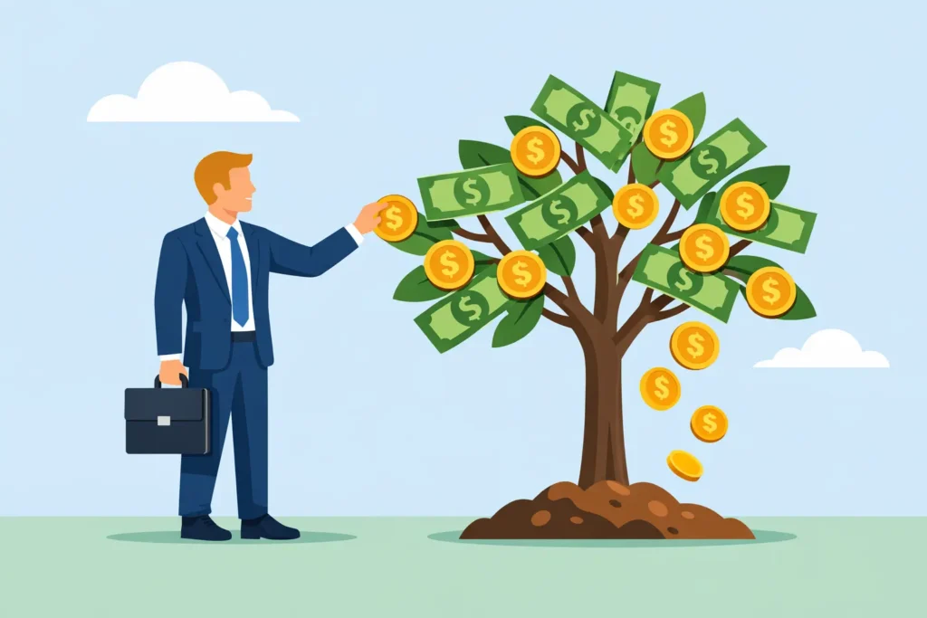 Mut und Finanzen – Unternehmer lässt Geldbaum wachsen als Symbol für finanzielles Wachstum