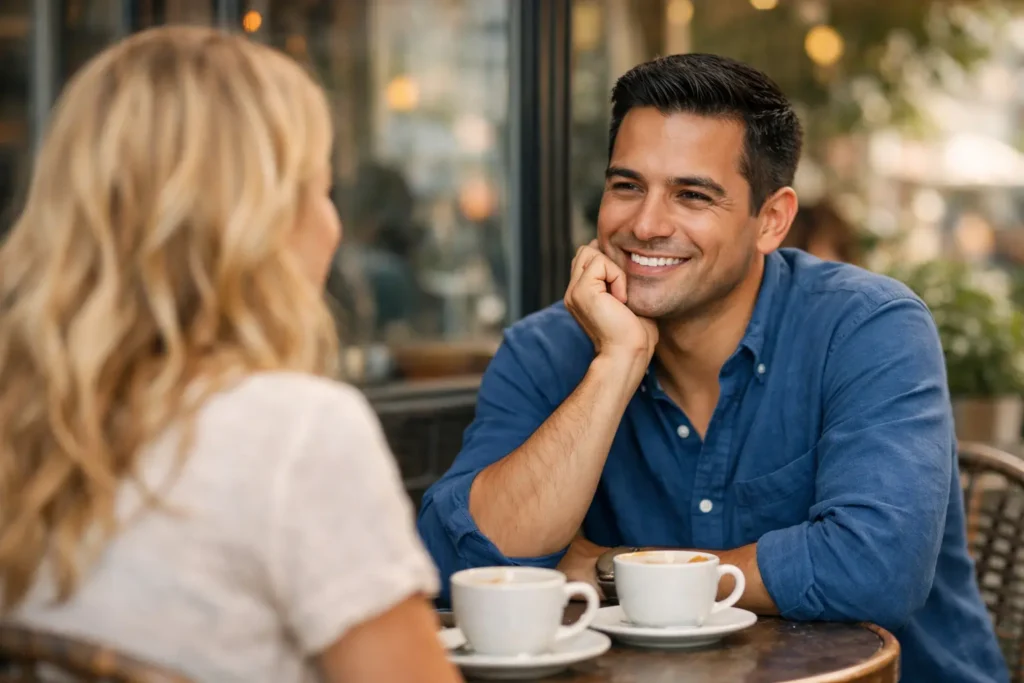 Mann zeigt Selbstvertrauen beim Gespräch weil er mutig handelt