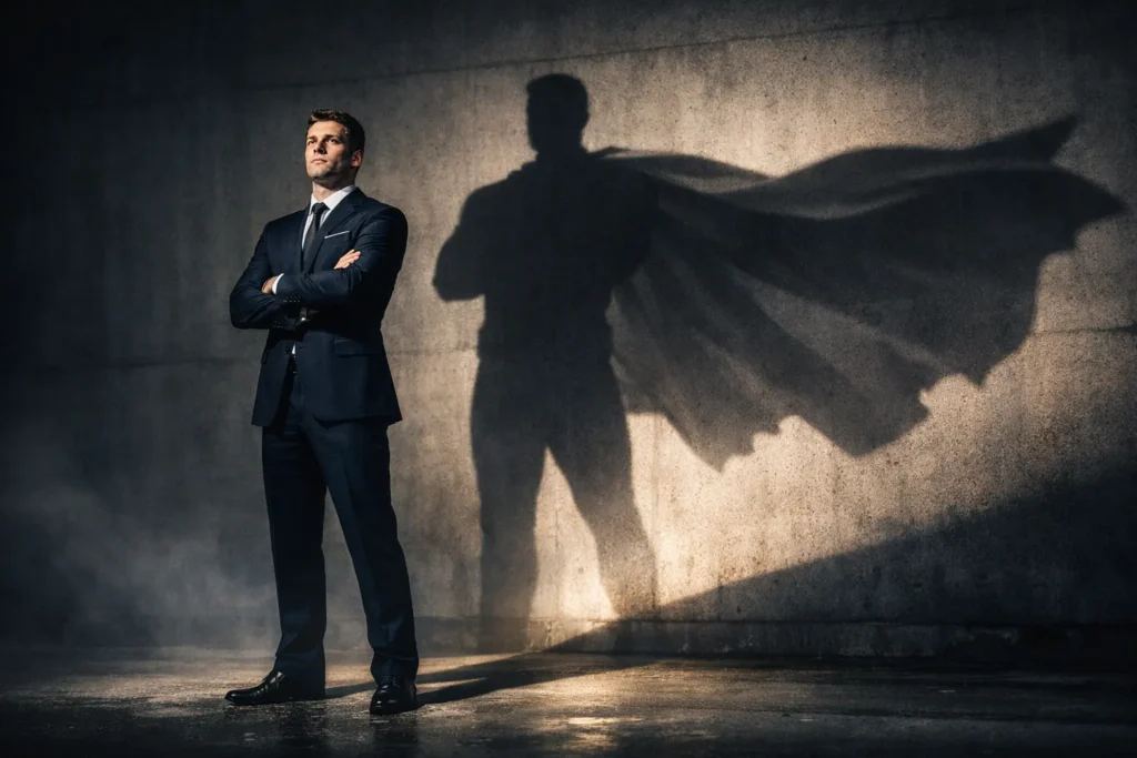 Startseite 9 Selbstbewusster Mann steht stark im Licht und wirft einen kraftvollen Schatten – Symbol für persönliche Entwicklung und innere Stärke