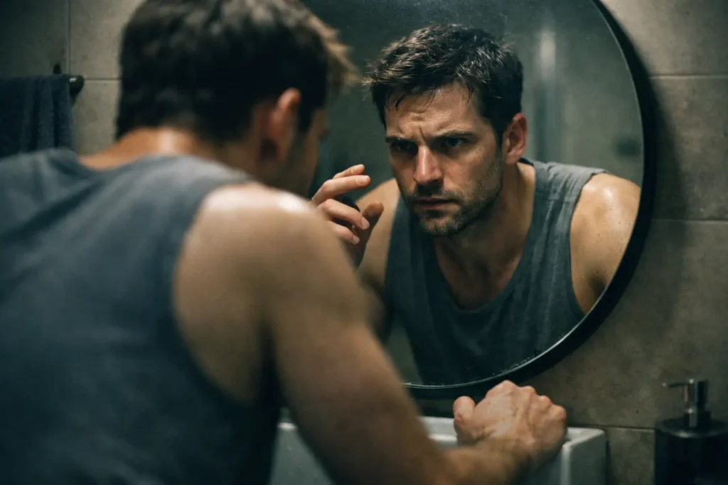 Mann schaut sich konzentriert im Spiegel an – Symbol für Selbstreflexion und den Weg vom unsicheren Typ zum selbstbewussten Mann werden
