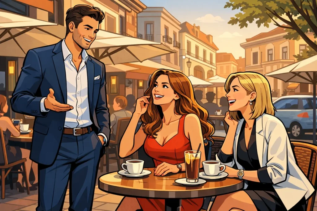 Selbstbewusster Mann spricht entspannt mit zwei Frauen im Café – soziale Kompetenz und Ausstrahlung stärken