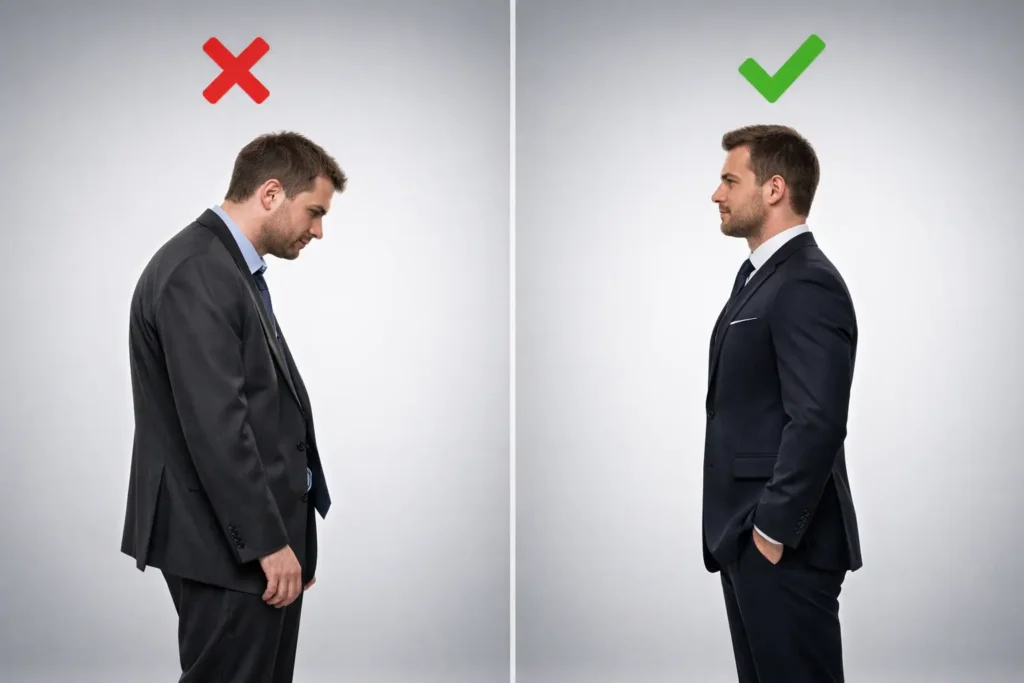 Vergleich von unsicherer und selbstbewusster Körperhaltung bei einem Mann – aufrecht stehen vs. gebeugte Haltung