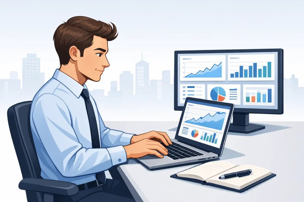 Mann arbeitet konzentriert am Laptop mit Finanzdiagrammen – finanzielle Klarheit und Selbstbewusstsein aufbauen