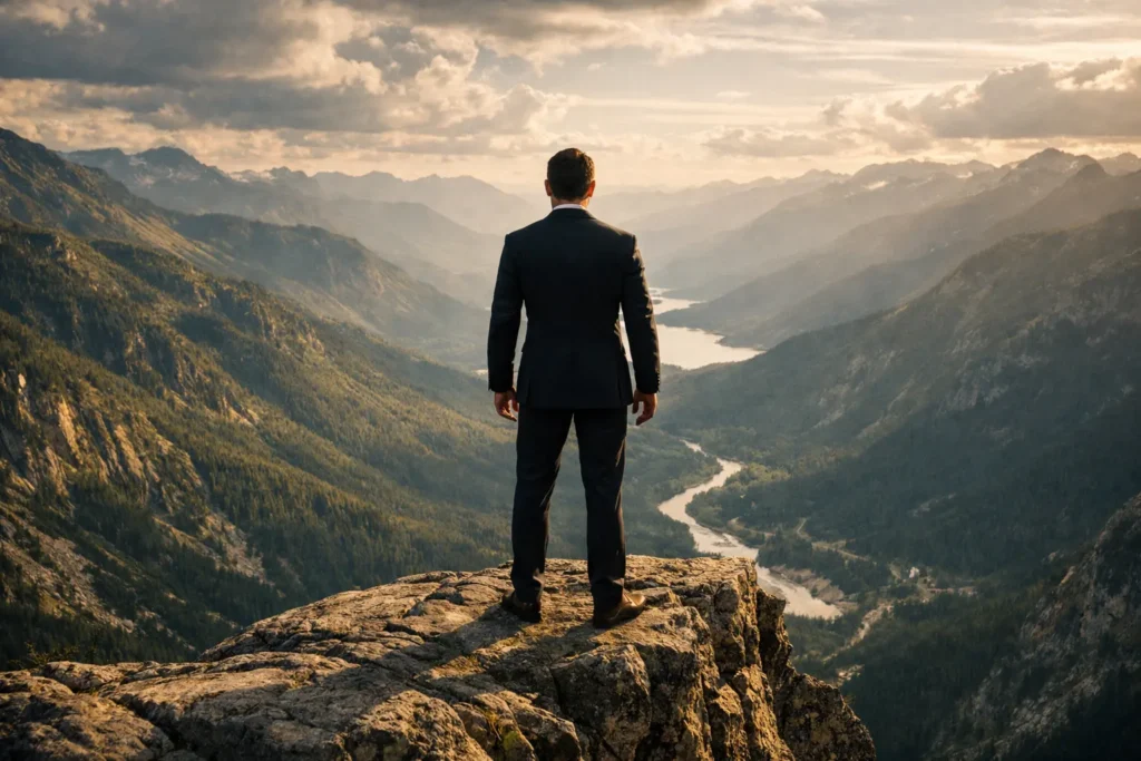 Selbstbewusster Mann steht auf einem Berg und blickt in die Ferne – Erfolg, Freiheit und persönliche Entwicklung