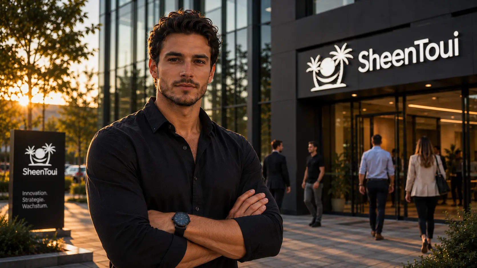 Attraktivität steigern als Mann – selbstbewusster Mann vor SheenToui-Firma bei Sonnenunter