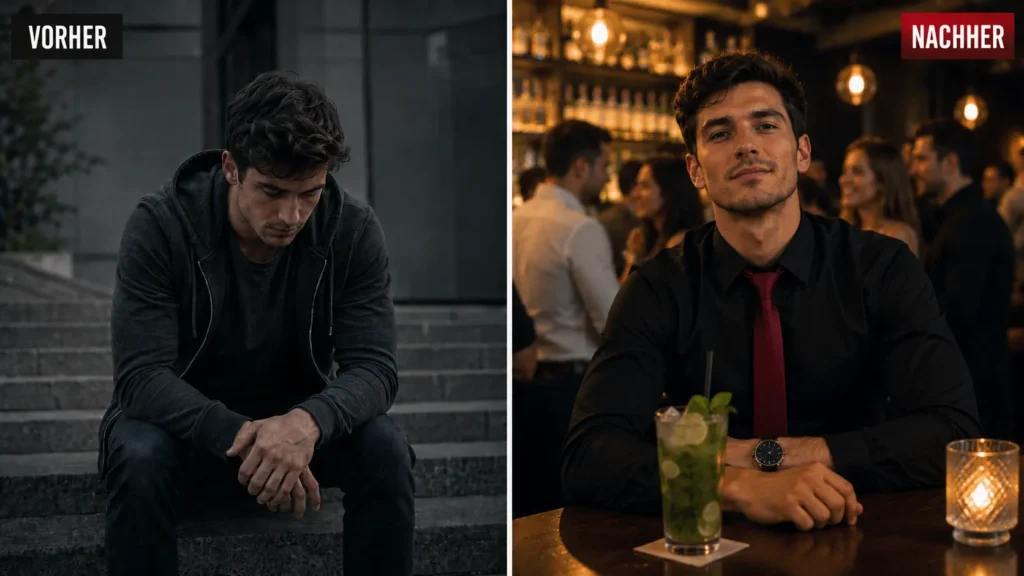 Vorher-Nachher-Vergleich: Unsicherer Mann mit gesenktem Blick und derselbe Mann selbstbewusst an einer Bar mit offener Körpersprache
