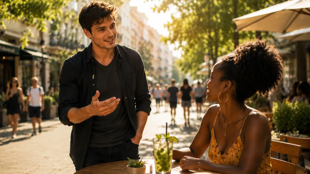 Junger Mann verlässt seine Komfortzone und spricht in einem sonnigen Straßencafé eine Frau an, während ein Mojito auf dem Tisch steht