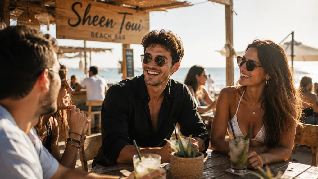 Junger Mann lacht mit Freunden an der sonnigen SheenToui Beach Bar und genießt eine entspannte soziale Situation