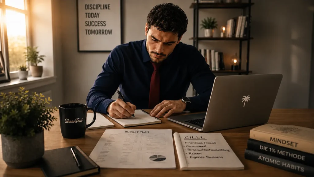 Junger Mann arbeitet konzentriert an seinen Zielen und plant seine finanzielle Zukunft an einem aufgeräumten Schreibtisch mit Laptop und Notizen