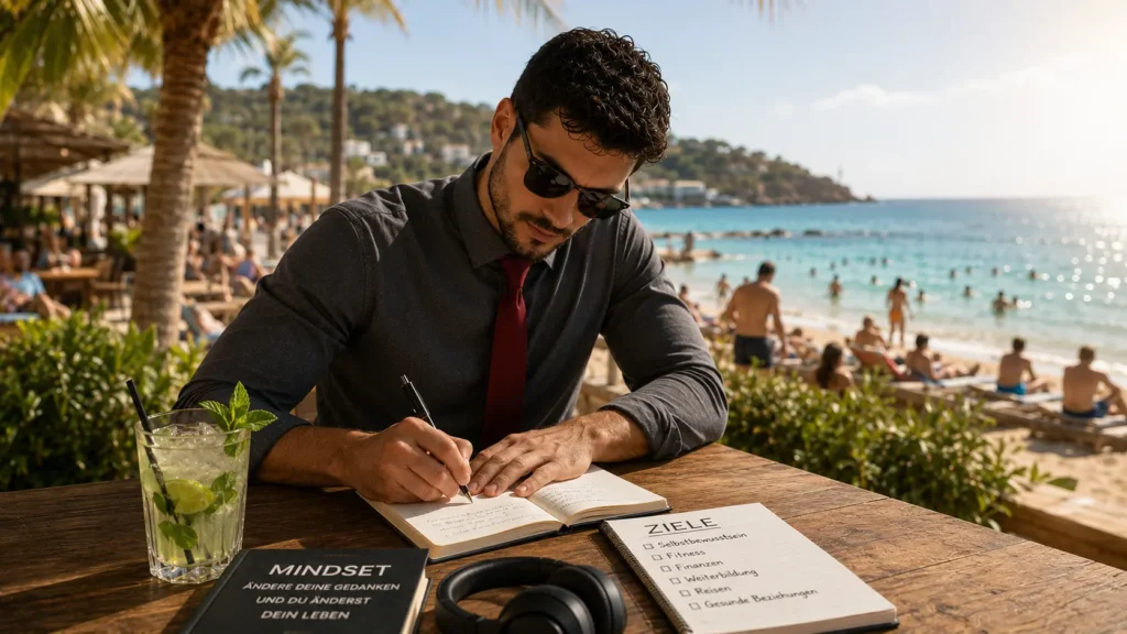 Junger Mann sitzt mit Sonnenbrille an einem sonnigen Strand und schreibt konzentriert seine Ziele auf, während Menschen im Hintergrund schwimmen und das Leben genießen