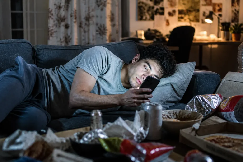Disziplin lernen: Warum sie wichtiger ist als Motivation 1 Junger Mann liegt motivationslos auf der Couch und scrollt nachts auf seinem Smartphone statt produktiv zu sein