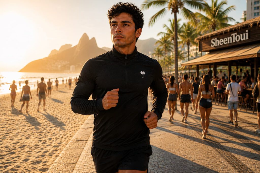 Disziplin lernen: Warum sie wichtiger ist als Motivation 3 Disziplinierter junger Mann joggt fokussiert am Strand bei Sonnenaufgang und stärkt seine mentale Stärke, Disziplin lernen: selbstbewusster junger Mann blickt fokussiert in die Zukunft