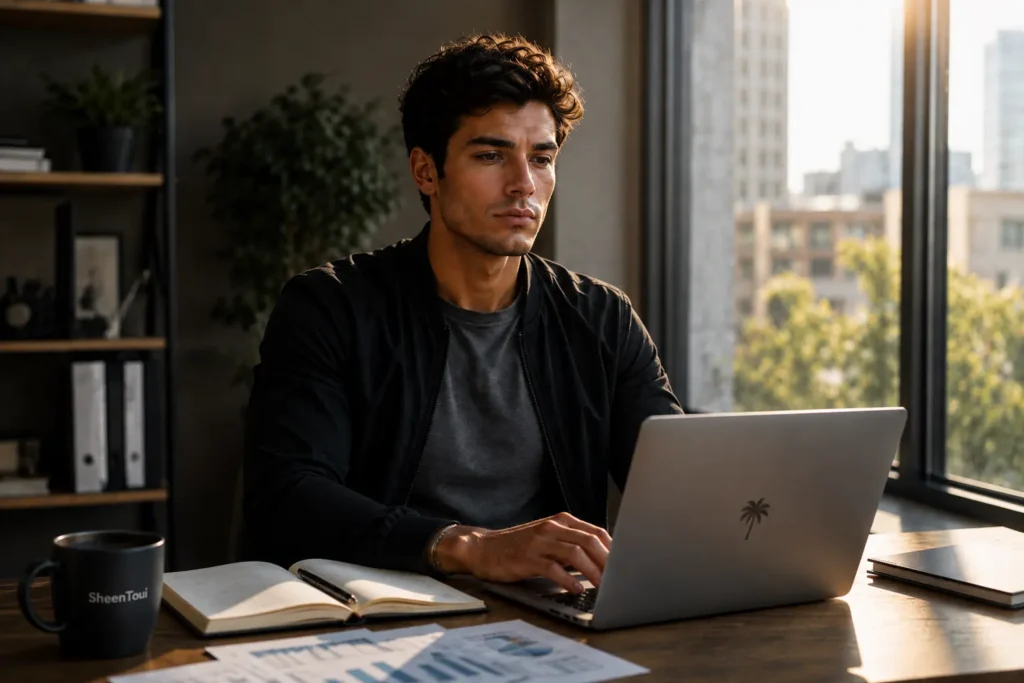 Disziplin lernen: Warum sie wichtiger ist als Motivation 4 Fokussierter junger Mann arbeitet konzentriert am Laptop und baut durch Disziplin beruflichen und finanziellen Erfolg auf