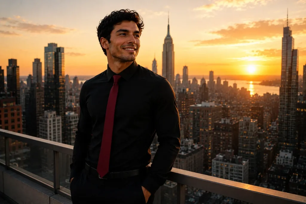 Disziplin lernen: Warum sie wichtiger ist als Motivation 5 Selbstbewusster junger Mann blickt bei Sonnenuntergang über die Skyline und symbolisiert Erfolg durch Disziplin und persönliche Entwicklung