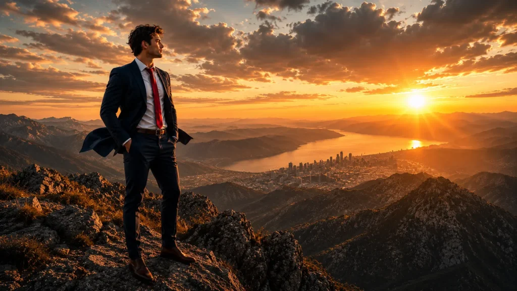 Mann beim Stärke aufbauen blickt entschlossen auf den Sonnenaufgang vom Berggipfel